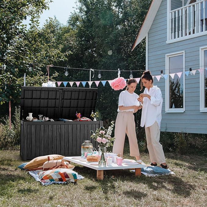 230 Gallon Resin Deck Box, Lockable Patio Outdoor Storage Box for Furniture, Garden Tools and Tools Storage, Waterproof Outside Storage Boxes - Black