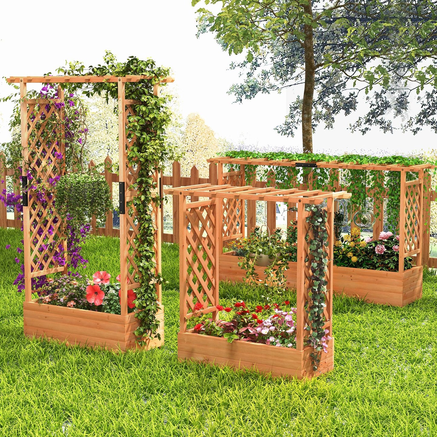 S AFSTAR 72-Inch Raised Garden Bed with Arch Trellis, Hanging Roof & Drainage Holes, Vertical Plant Container for Vine Climbing Plant Flower, Indoor Outdoor Wood Elevated Planter Box for Garden Patio