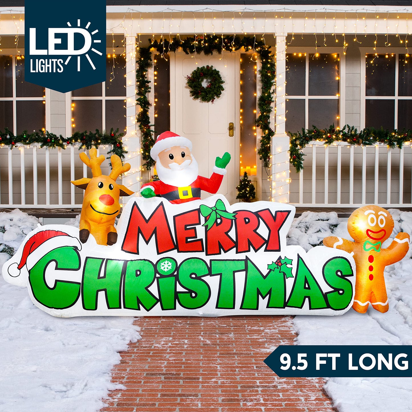 Joiedomi 9.5 FT Christmas Inflatable Merry Christmas Sign with Santa, Reindeer & Gingerman, LED Lit for Outdoor Yard Garden Lawn Winter Decor