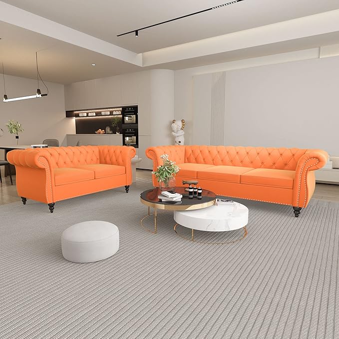ORRD 2 Piece Living Room Set, Velvet Chesterfield Sofa Loveseat Couch