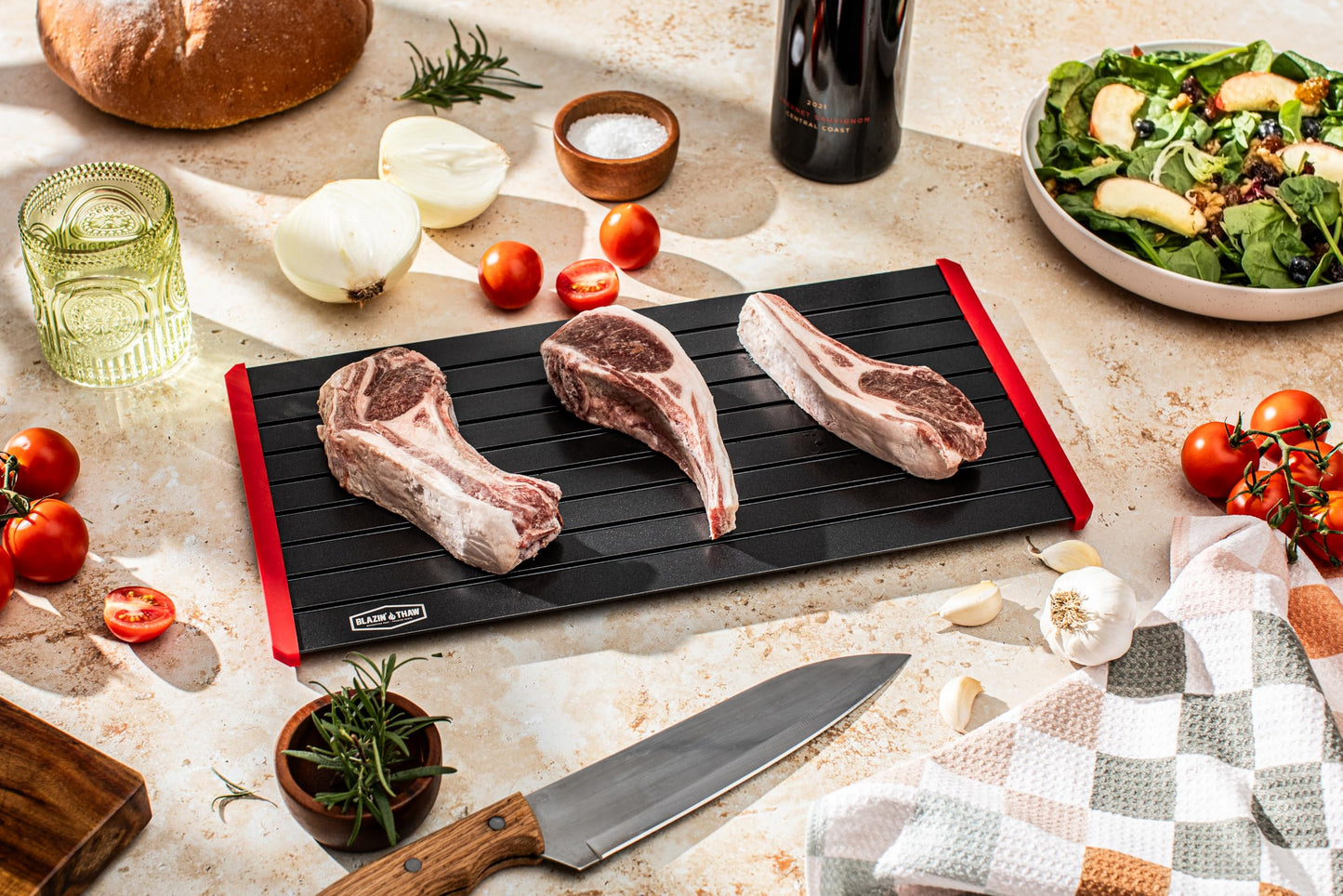 BLAZIN' THAW Defrosting Tray for Frozen Meat | 16" Family-Size | Aluminium Plate for Thawing Frozen Food | Natural Thawing Process | No Microwaves, No Cold/Warm Water Required |