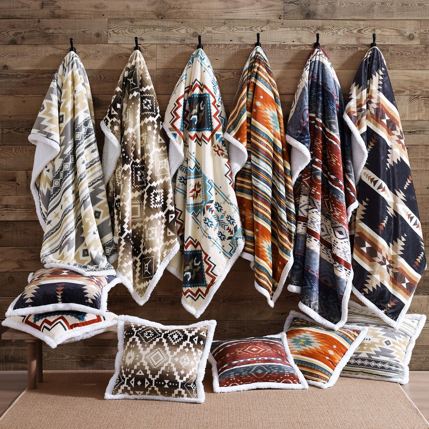 Paseo Road Indigo Hill by HiEnd Accents Desert Sage Aztec 3 Piece Sherpa Throw Blanket Set, Tribal Navajo Print Fleece Throw Set, Western Southwestern Style, 1 Throw and 2 Throw Pillows