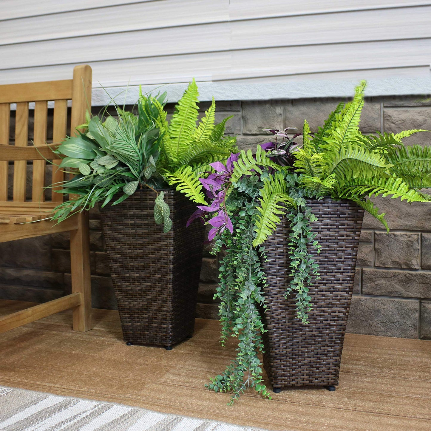 Sunnydaze Square Tall Wicker Outdoor Planter Set of 2 - Polyrattan Large Outdoor Planters for Porch, Patio or Garden - 20" Tall Plant Pots - Brown