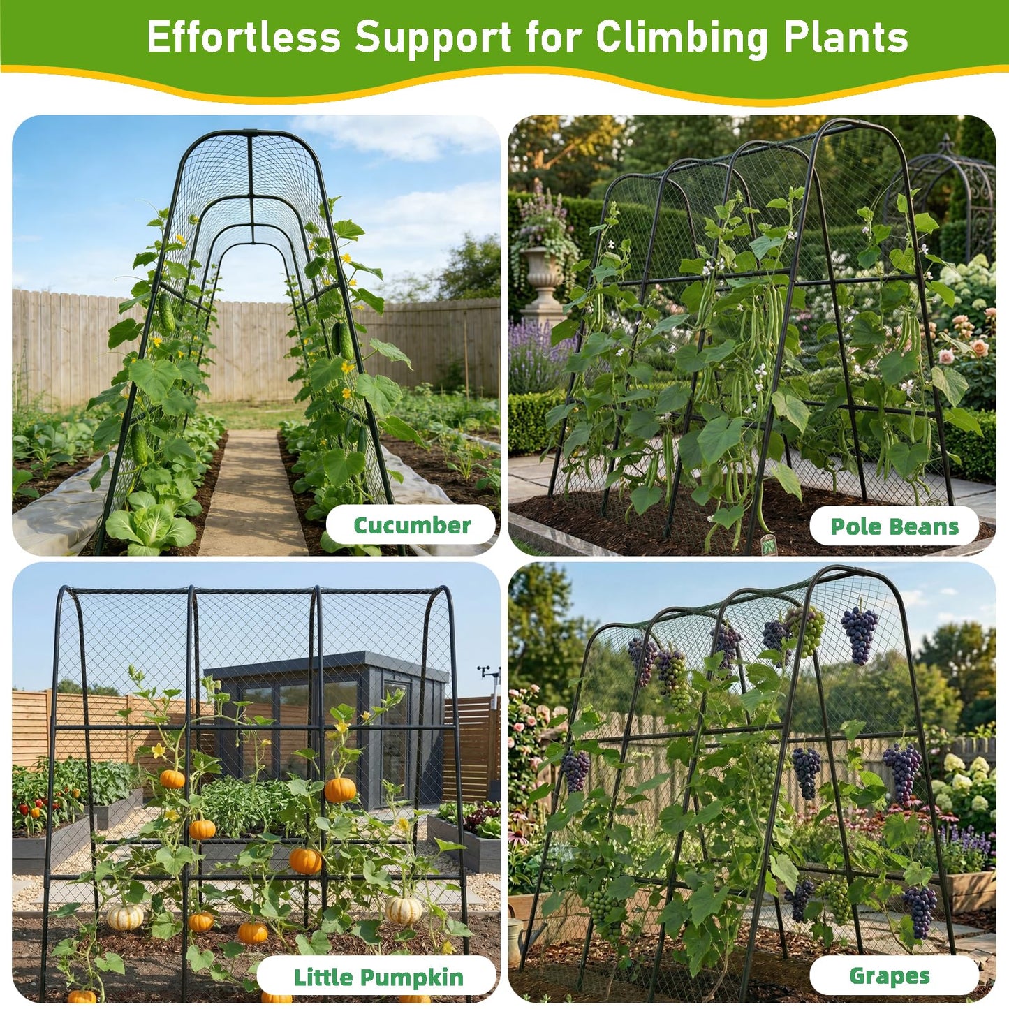 Garden Arch Trellis for Climbing Plants, Plastic-Coated Steel Trellis with Easy-Connect System, Includes Net, Ties & Gloves, Outdoor Plant Support for Vegetables (47.2" L x 47.2" H)