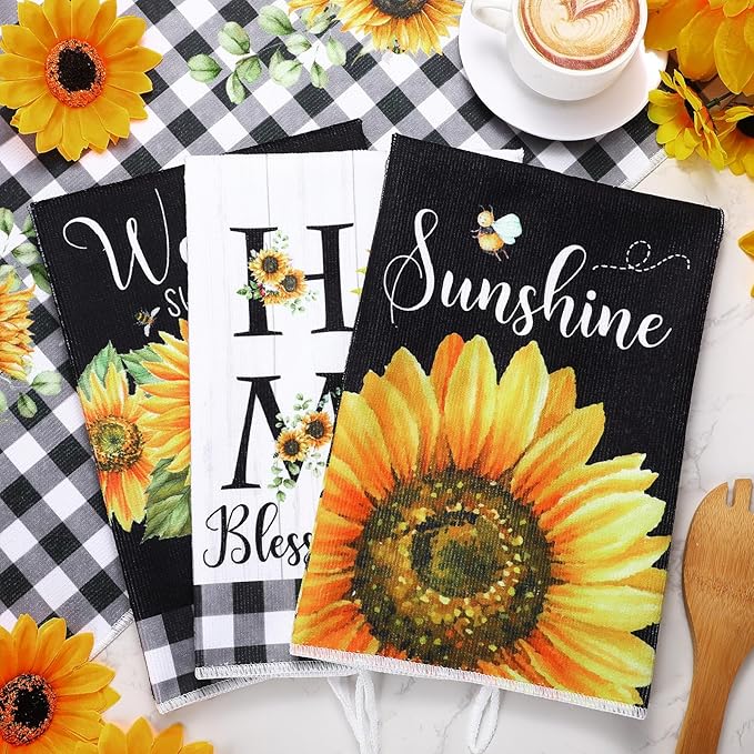 Bencailor 4 Pcs Sunflower Kitchen Towels Summer Black and White Tea Towels