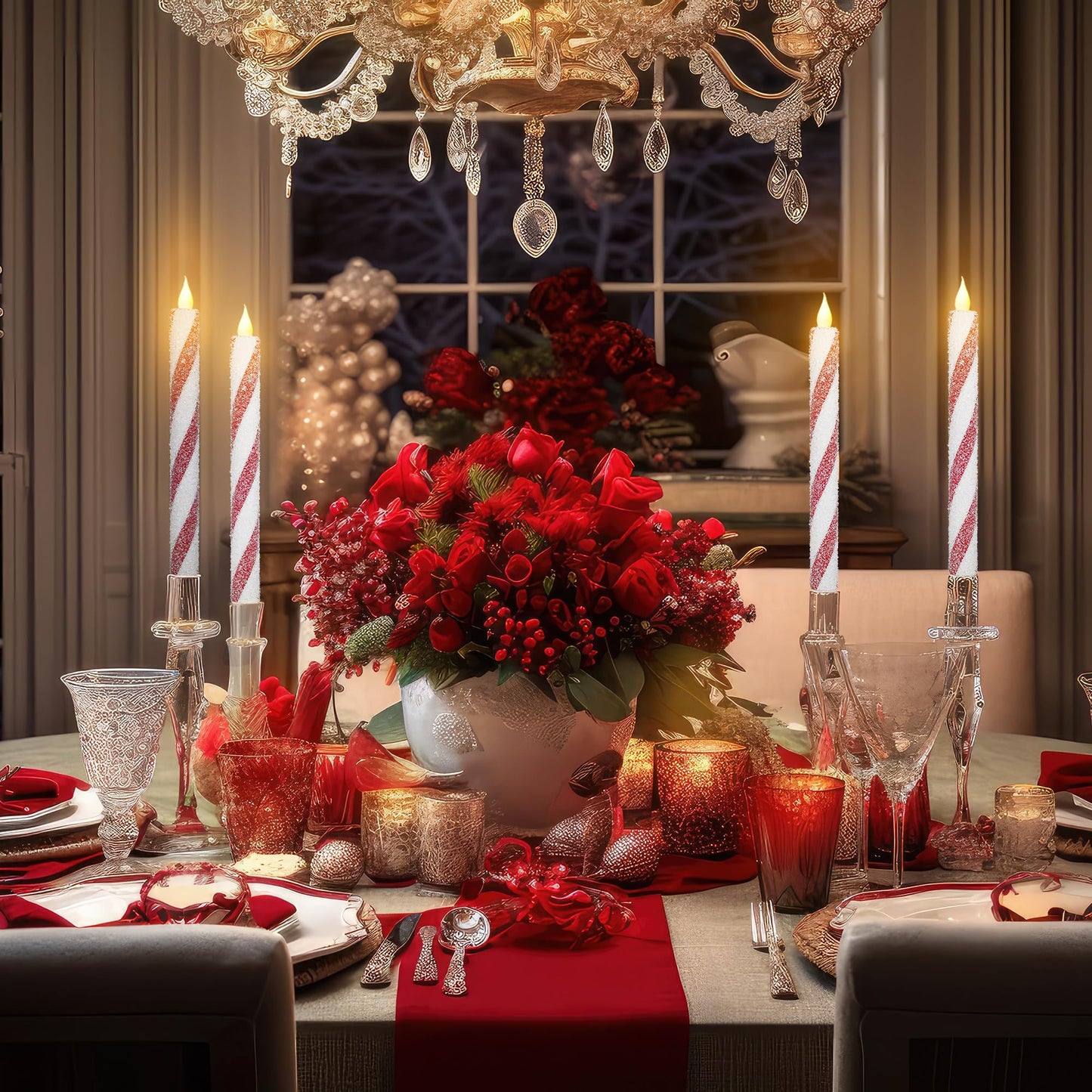Christmas Flickering Flameless Taper Candles - 6PCS Glitter Candy Cane Red and White Stripes Sea Salt Real Wax Battery Operated Candles For Christmas Party Wedding Winter Home Decoration Xmas Decor