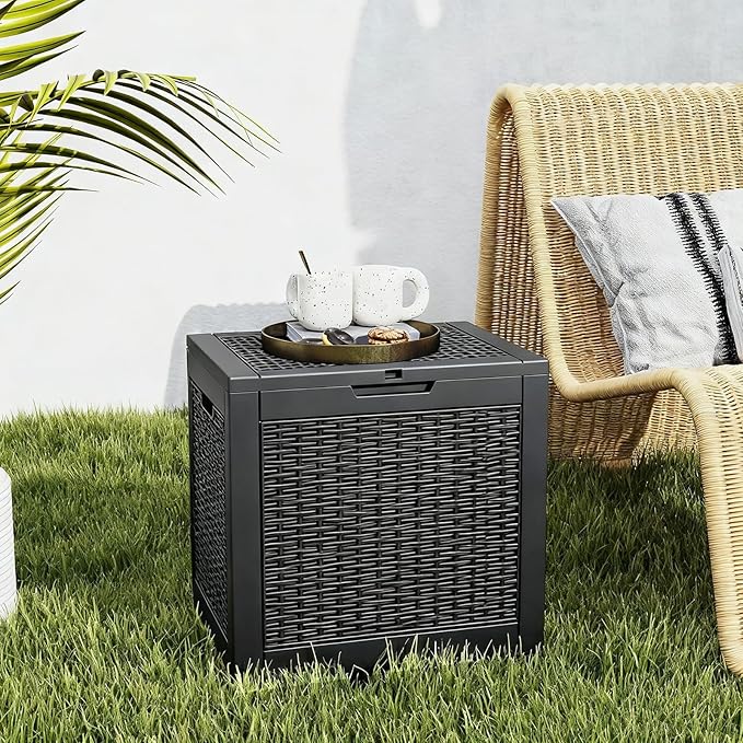 NEWBULIG 31 Gallon Outdoor Storage Box, Waterproof Deck Box with Lockable Lid, Patio Furniture Bench & Side Table, Easy Assembly, for Garden, Pool, Patio & Backyard Organization, Rattan Texture Black