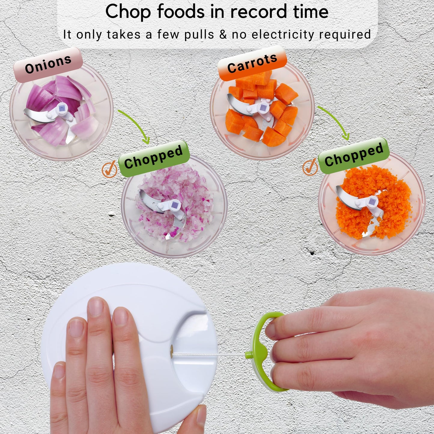 Brieftons Manual Food Chopper, Compact & Powerful Hand Pull Chopper Blender to Chop Onion, Garlic, Vegetables, Fruits, Herbs for Salsa, Salad, Pesto, Hummus, Coleslaw, Puree, Indian Cooking