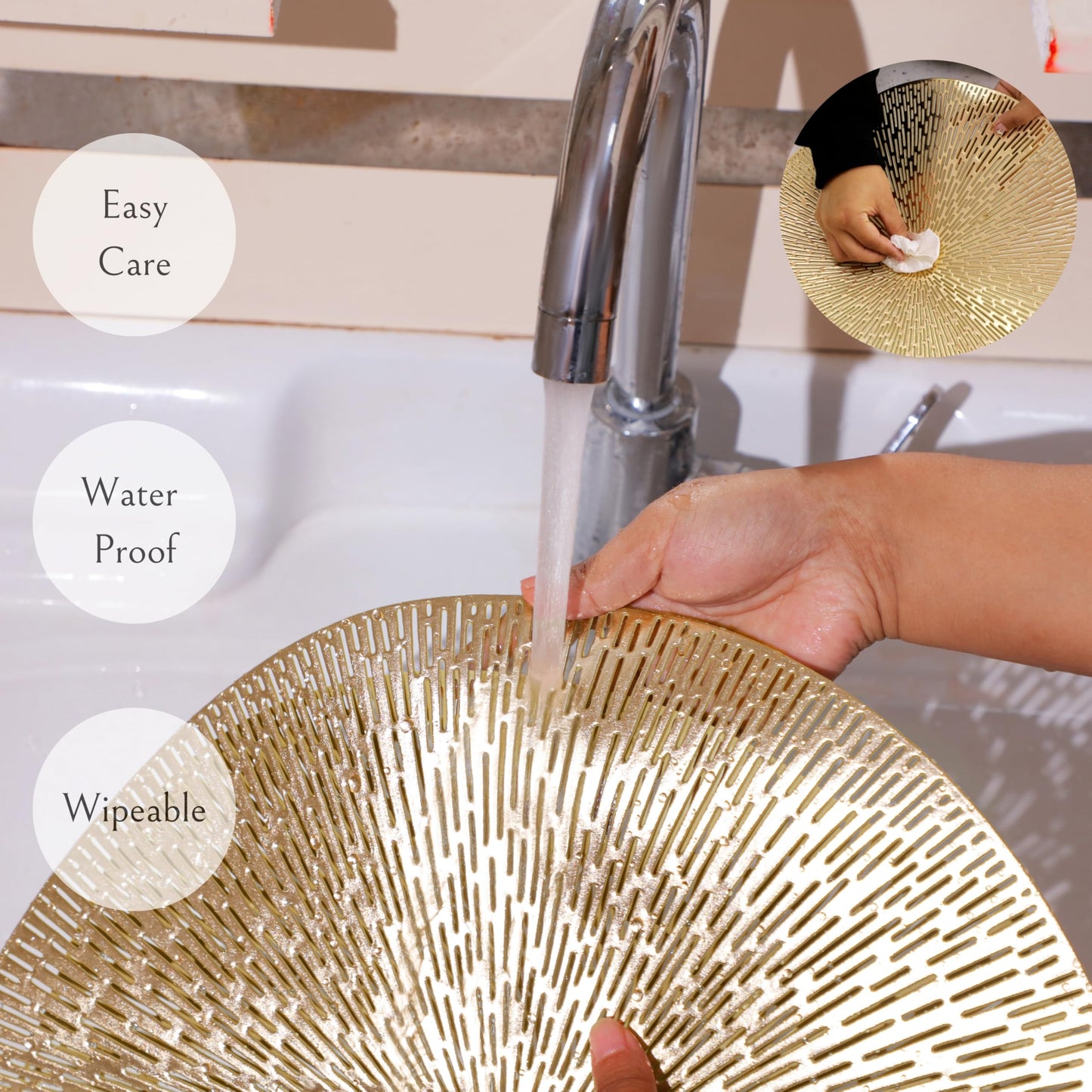 Snowkingdom Gold Round Placemats Set of 4, Golden Vinyl Metallic Hollow 15 Inch Place mats, Washable Easy Clean Wipeable Non Slip Stain Heat Resistant Dining Table Mats for Wedding Party Decoration