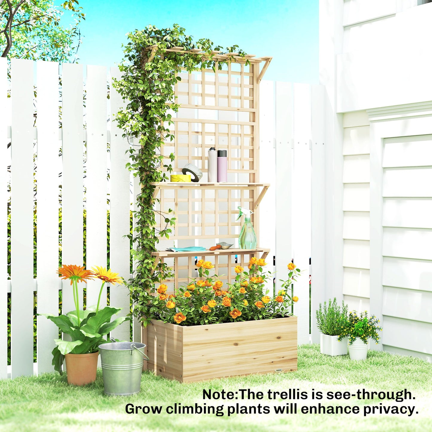 Outsunny Wooden Raised Garden Bed with Trellis and Roof, Elevated Outdoor Planter Box with 2 Shelves, Drainage Hole and Liner for Climbing Plants Vegetables Flowers, Natural