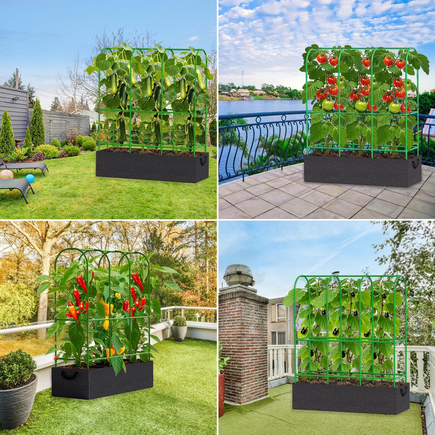 Srapwati 65"H x 50"W Cucumber Trellis with Grow Bag & Netting, U-Frame Metal Plant Support, Heavy-Duty Steel & Plastic, Green & Black, Rectangular, Climbing Plant Support Structure