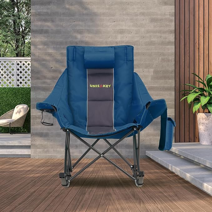 Oversized Rocking Camping Chair with Headrest & Cup Holder - 400lbs Capacity, 600D Oxford Fabric, Easy Fold Portable Outdoor Rocker Chair for Camping, Backyard, Beach, Blue