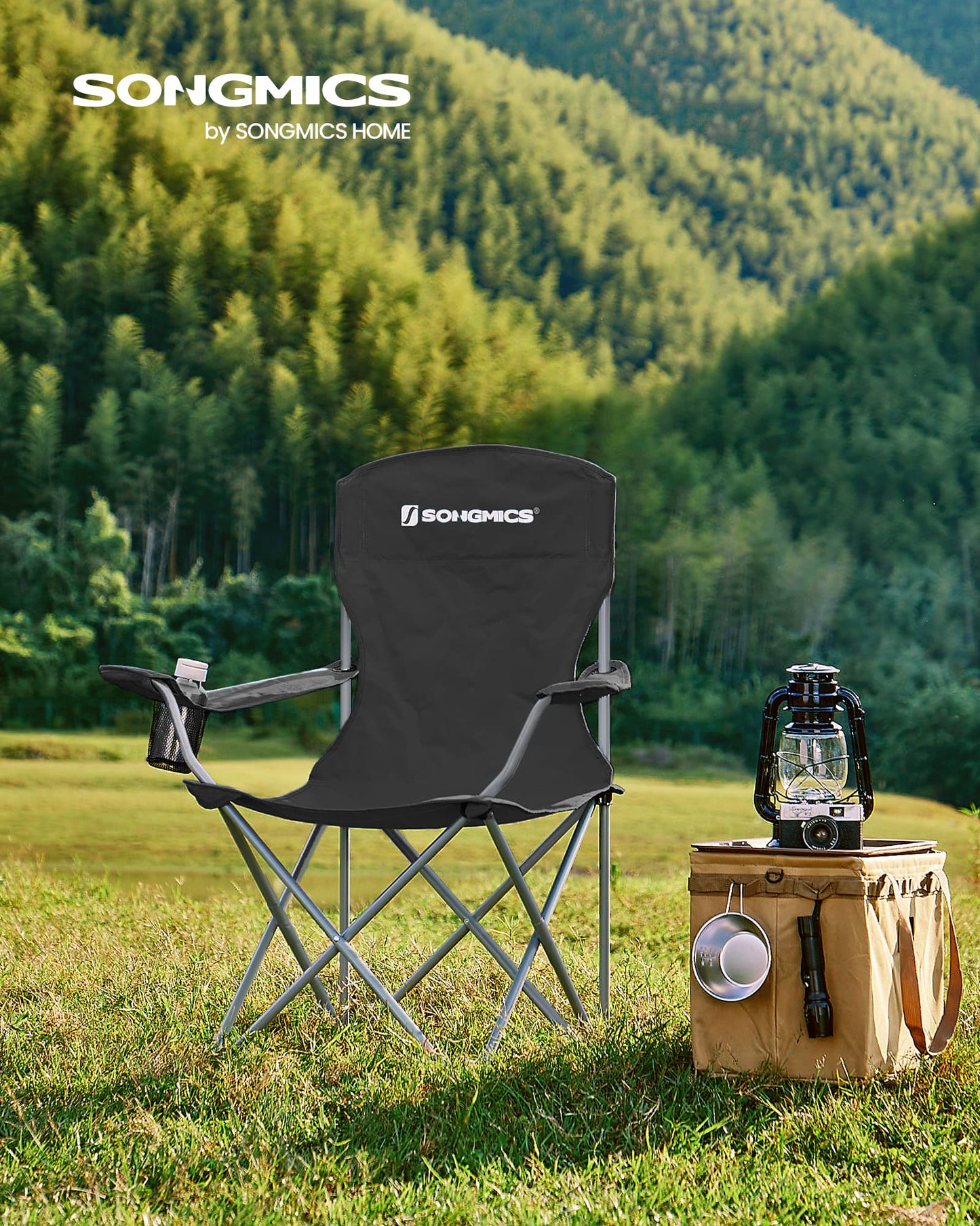 SONGMICS 2 Pack Folding Camping Chairs, Load 330 lb, Cup Holder and High Backrest, Heavy-Duty Structure, for Lawn, Garden, Fishing, Terrace, Black UGCB08BK