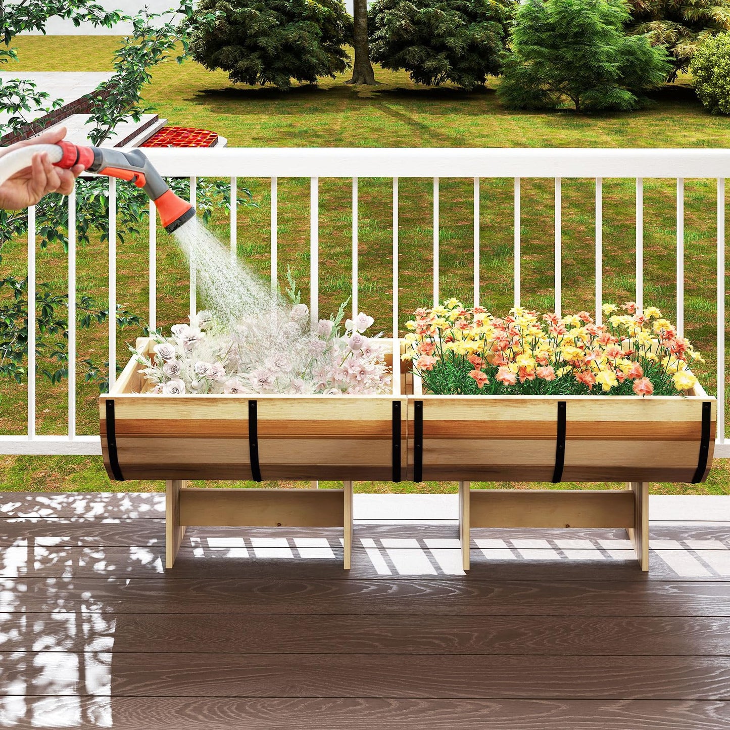 Giantex Half Barrel Raised Garden Bed, Acacia Wood Planter Box for Flower Vegetable Fruit, Outdoor Indoor Plant Pot with Legs for Garden Decoration,18"x12"x11.5"