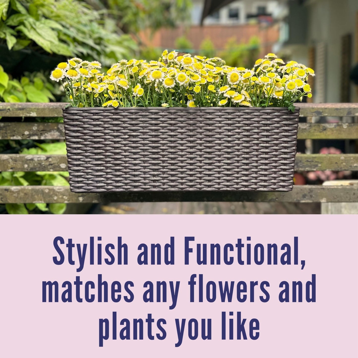 LaLaGreen Deck Railing Planter Box (20 Inch, 4 Pack) Brown Rectangular Window Flower Boxes with Bracket, Self Watering System Hanging Planter Box for Outdoor Plant Container Herb Rail Fence Balcony