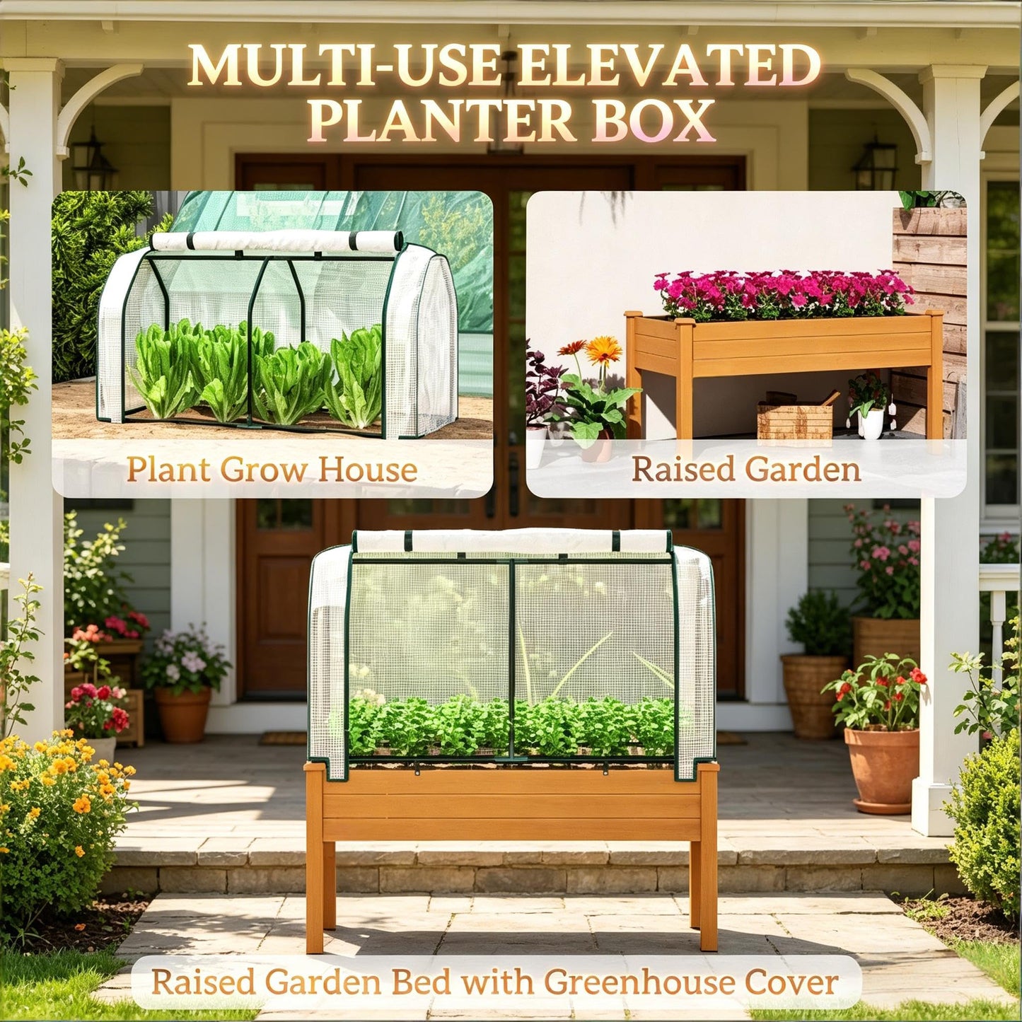 NOXJUQU Raised Garden Bed with Retractable Cover & Small Greenhouse, Elevated Wood Planter Box for Herbs Vegetables Flowers, Suitable for Patio Backyard Balcony Gardening