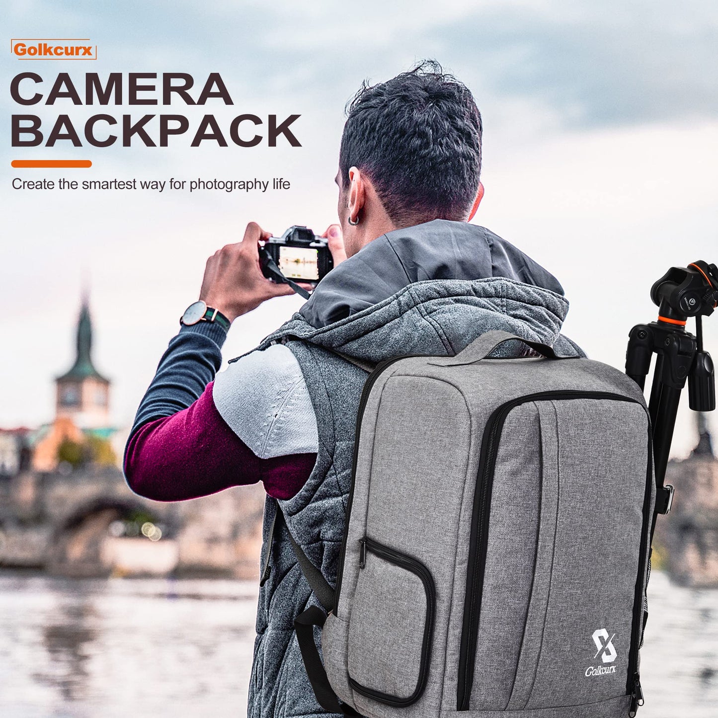 Golkcurx Camera Bag for DSLR/SLR Cameras,Camera Backpack Waterproof for Photographers Grey S