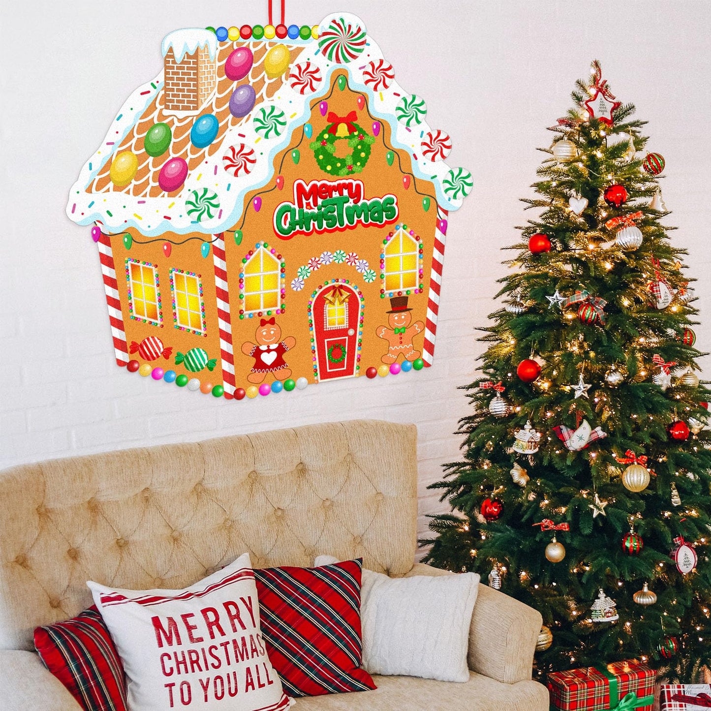 WovWeave DIY Felt Christmas Gingerbread House 3.1 x 2.9 ft with 28 Detachable Ornaments Christmas Crafts Gingerbread House Kit Xmas Gifts for Winter Holiday Party Home Door Wall Hanging Decorations