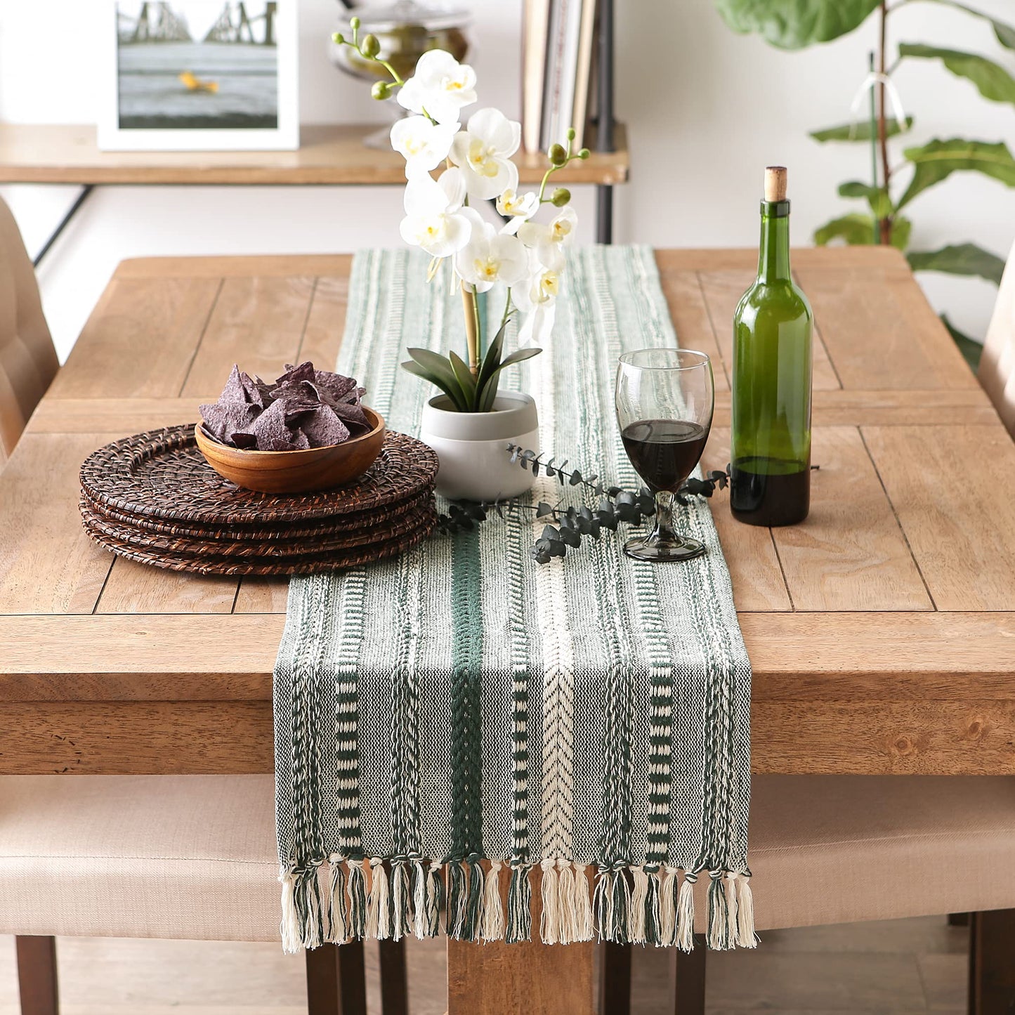 DII Farmhouse Braided Stripe Table Runner Collection, 15x108 (15x113, Fringe Included), Dark Green