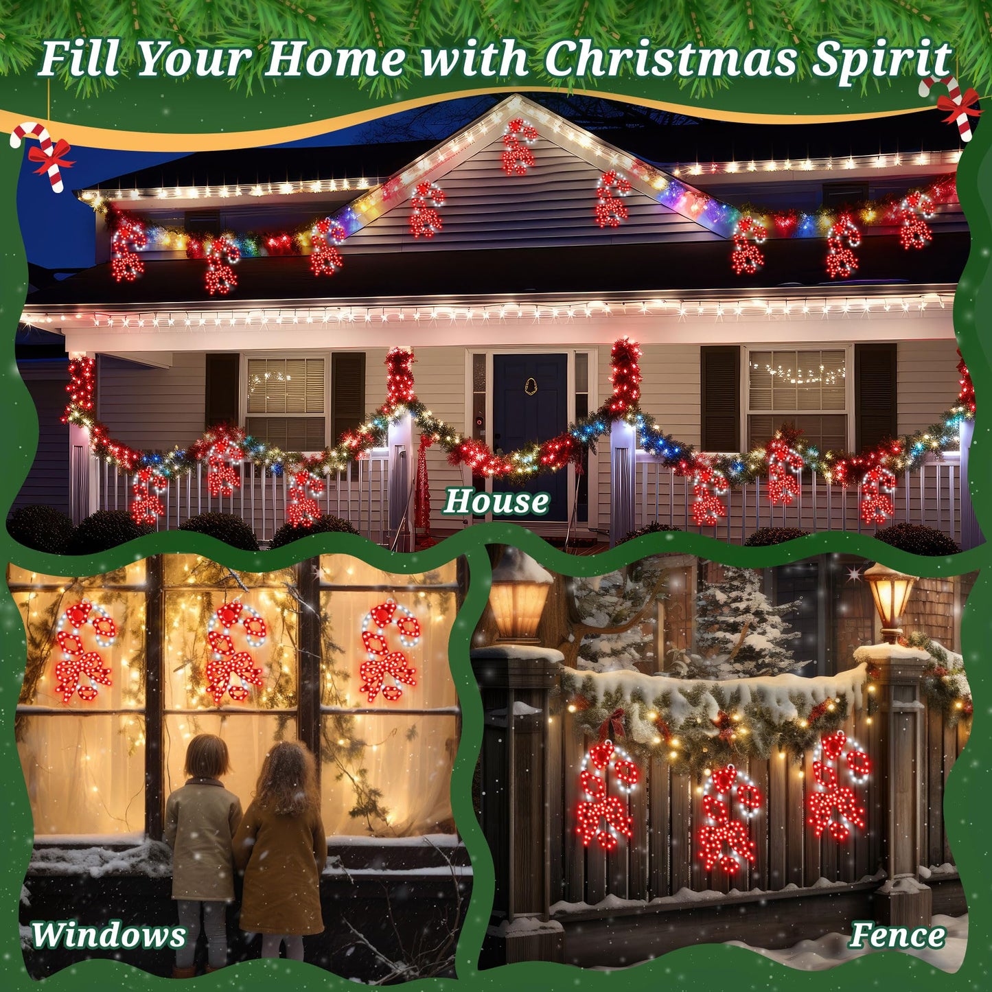 HappyAlley 3 Pack Christmas Window Decorations, 10 in. 300 LED Hi Vibrant Twinkling Lighted Candy Cane Window Light with Bows, Waterproof Outdoor Red and White Candy Cane Decorations for Walls, Porch