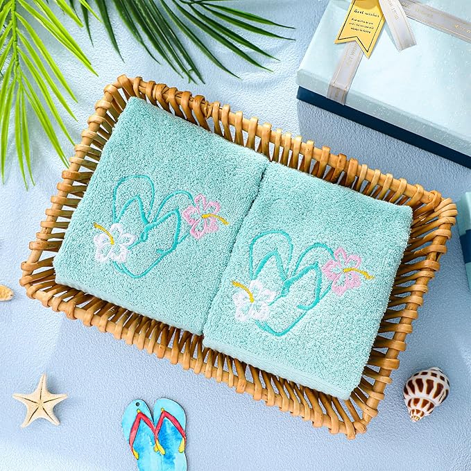 2 Pcs Flip Flops Hand Towels Mint Green Bathroom Decor 14x29 Inch Embroidered