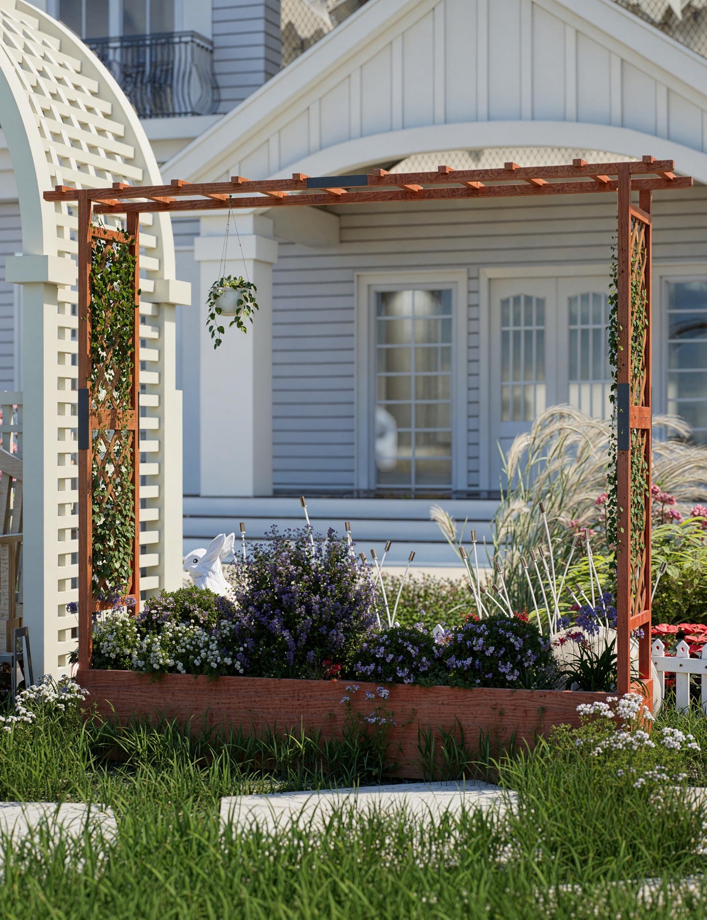 GarveeLife Raised Garden Bed with Trellis, 72 in Wood Planter Box with Side Trellis, Hanging Roof, and 4 Drainage Holes, Freestanding Elevated Garden Bed for Climbing Plants, Vines, Flowers