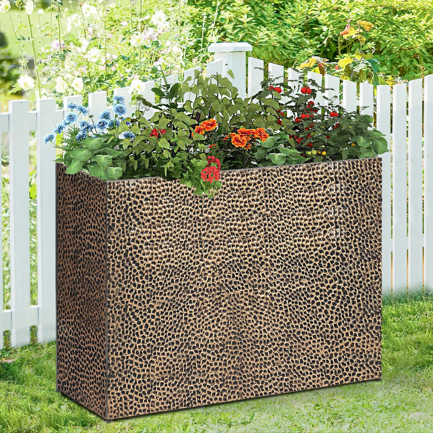 BAYN 32x12x24 Inch Rectangular Metal Planter Box – Copper Hand-Hammered Metal Planter with Pre-Drill Holes, Heavy Duty Outdoor Garden Planter for Patio, Porch, Yard