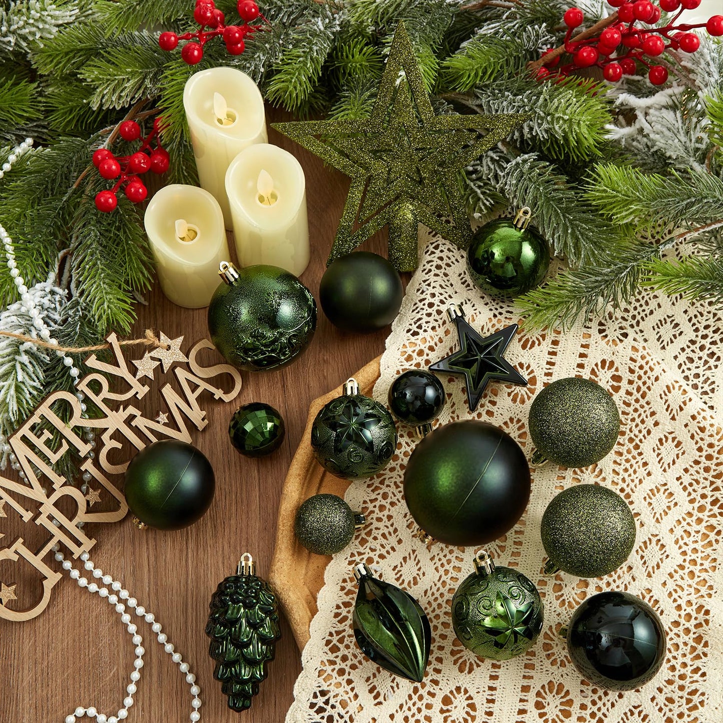 Christmas Ball Ornaments - 43pcs Shatterproof Christmas Tree Decorative Hanging Ornaments with Loop for Xmas Holiday Party Wreath Home Decoration (Dark Green)