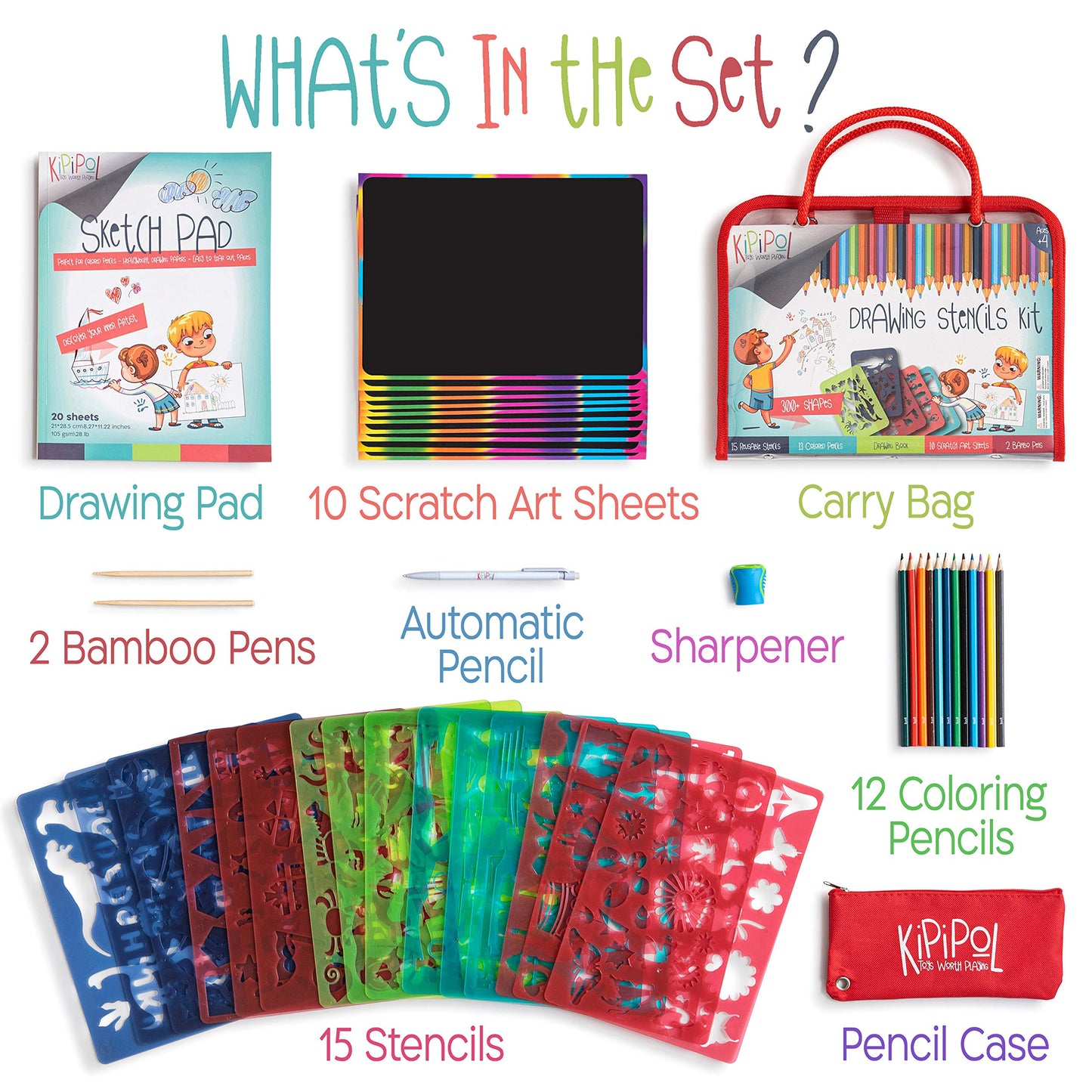 Kipipol 63 Pcs Drawing Stencils for Kids Ages 4-8 - 8-12 and Up - Arts and Crafts for Girls and Boys - Kids Drawing kit - Arts Set- 15 Art Stencils, 260+ Designs -Scratch Art- Creativity Gifts & Toys