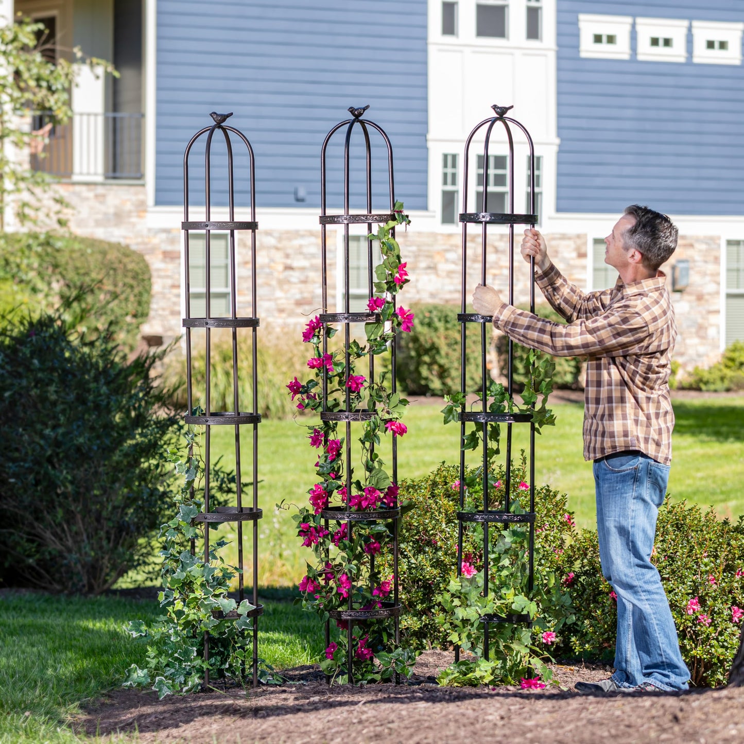Evergreen 7 Feet Garden Metal Garden Obelisk Trellis for Climbing Plants Outdoor | Indoor Plant Trellis for Potted Plants | Floral Pattern Arch Trellis | Bronze