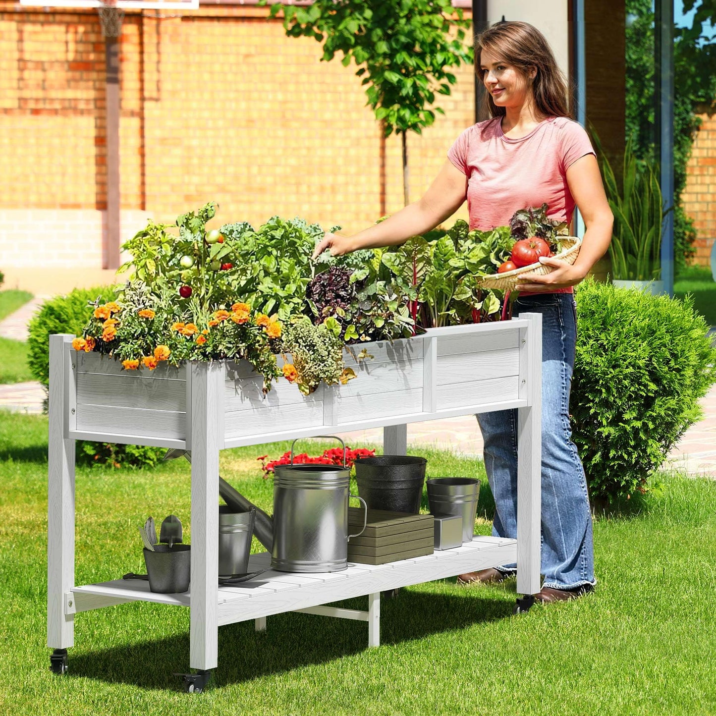 DWVO 47x18x3in Raised Garden Bed HDPE Outdoor with Legs and Lockable Wheels, Weather-Resistant Poly-Wood Elevated Planter Box, Double Tier Planters for Backyard Patio Balcony, White