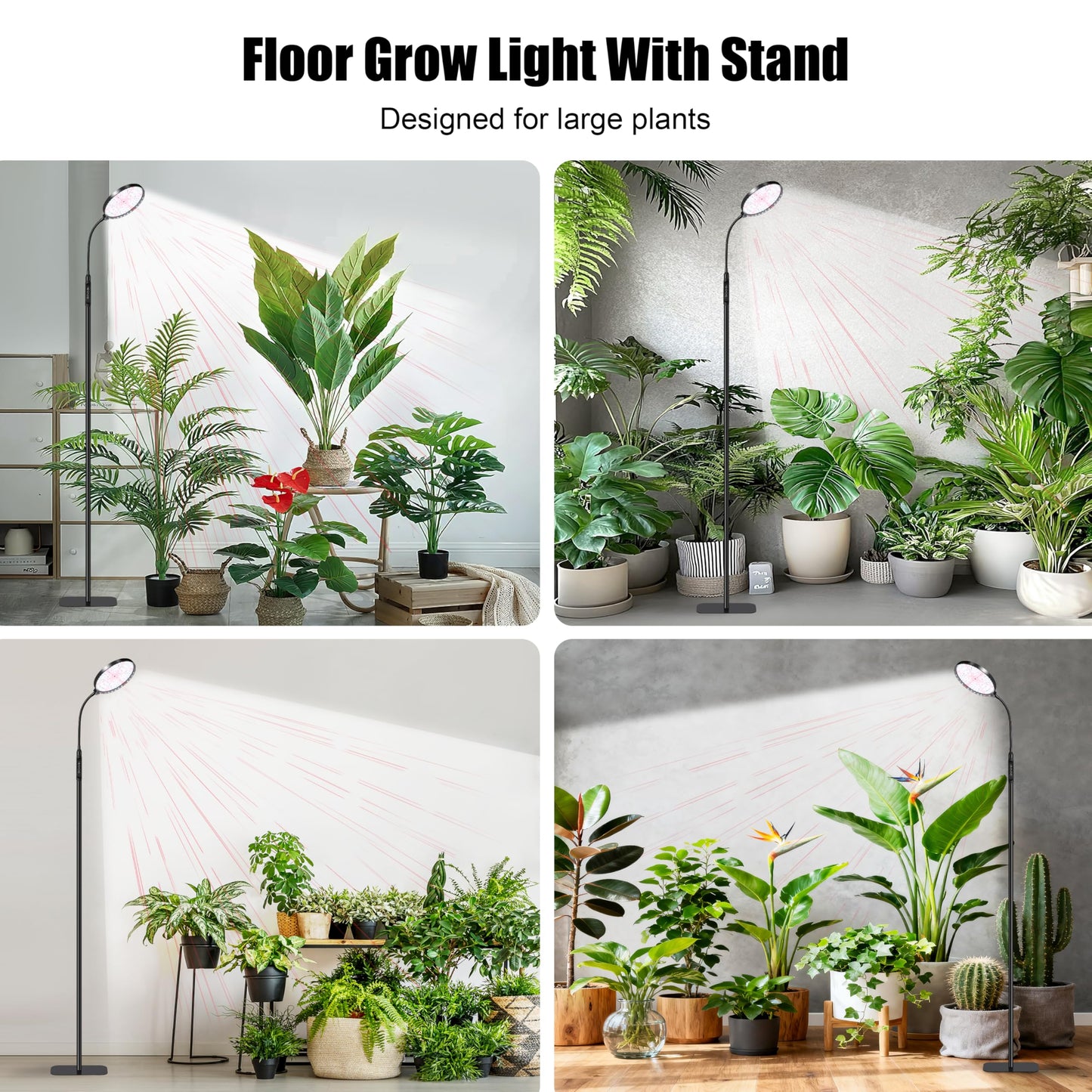Hywyimlait Floor Grow Lights for Indoor Plants, Full Spectrum Plant Light with Stand for Growing Large Tall Plants, Grow Lamps with 4/8/12/18H Timer, 3 Light Modes, 10 Dimming,Height Adjustable, Black