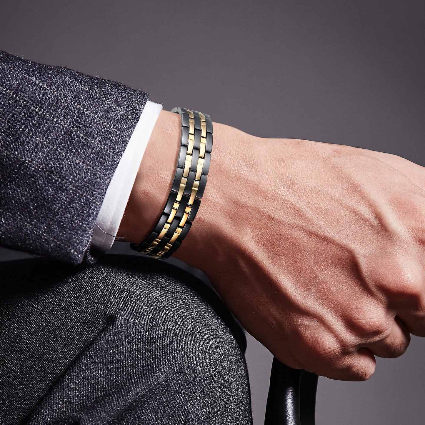 JFUME Magnetic Bracelets for Men 18k Gold Plating and PVD Black Stainless Steel with Link Removal Tool 8.5" Adjustable