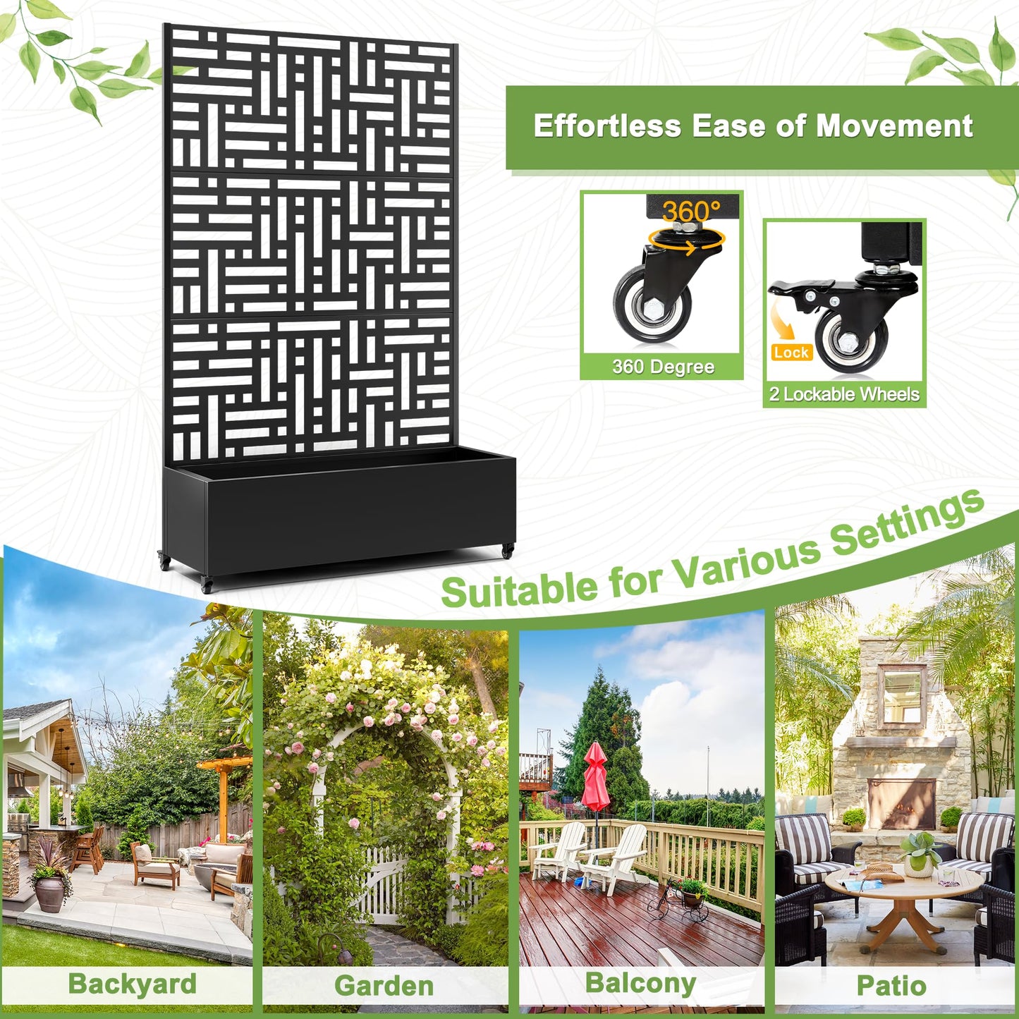 FENCY Metal Raised Garden Bed with Wheels and Trellis,73"x47"x16" Planter Box for Climbing Plants, Vegetables & Vines, Features Privacy Screen and Drainage Holes (Black-Geometric Lattice)