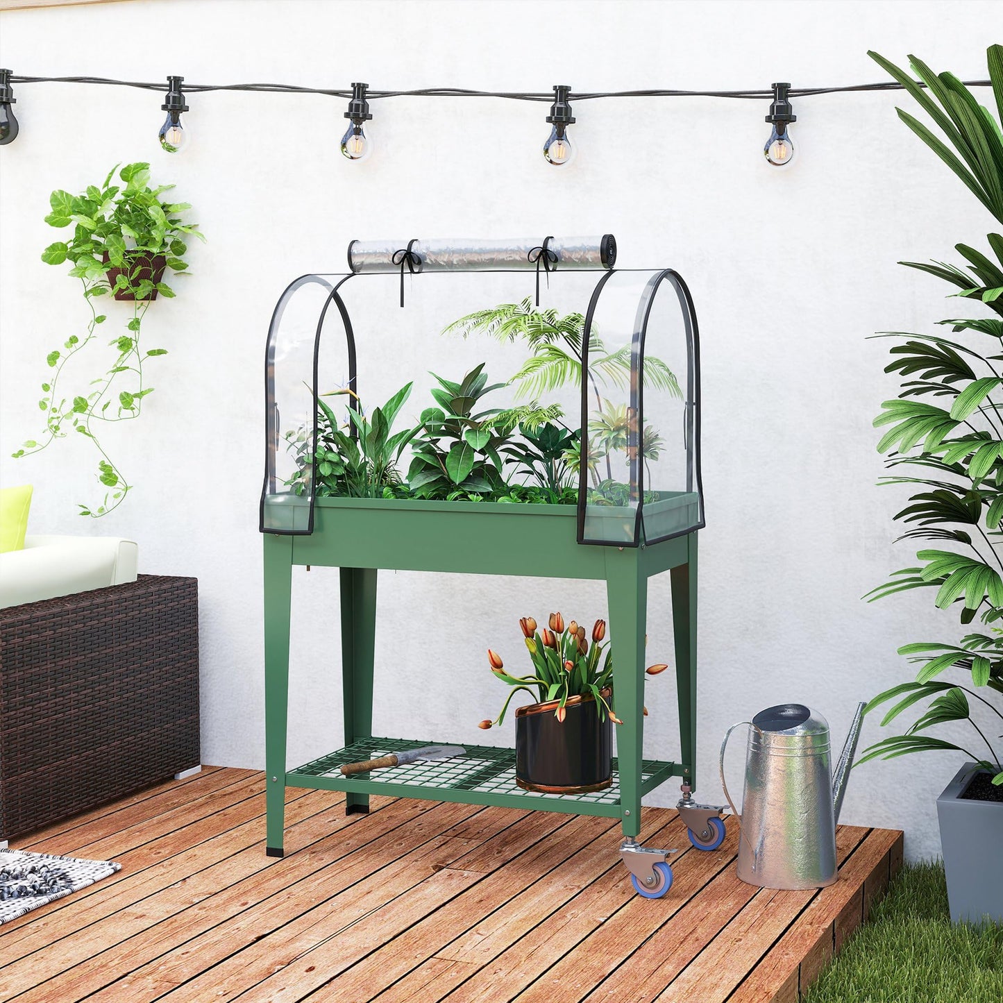 Outsunny Raised Garden Bed with Greenhouse Cover, Large Metal Outdoor Elevated Planter Box with Lockable Wheels, Storage Shelf and Drainage Hole for Vegetables, Flowers, Herbs, Green
