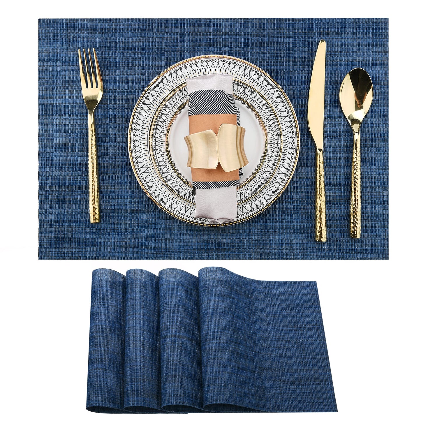 SLKQG Navy Blue Placemats Set of 4 - Easy Clean Washable Vinyl Placemats - Wipeable Heat Resistant Table Mats for Dining Table - 17x12 Inch (Navy Blue, 4)