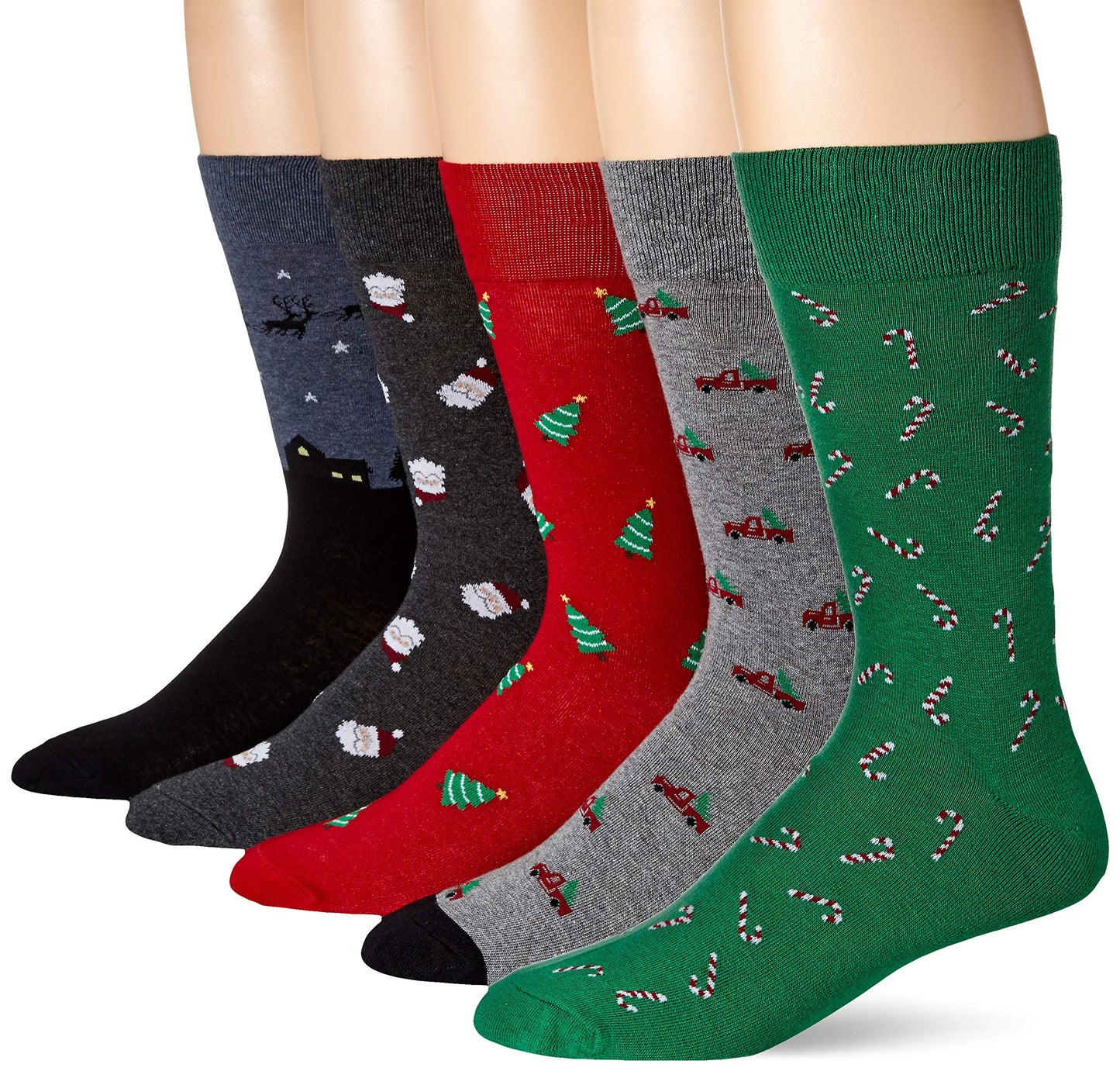 Amazon Essentials Men's Patterned Dress Crew Socks, 5 Pairs, Christmas, 8-12