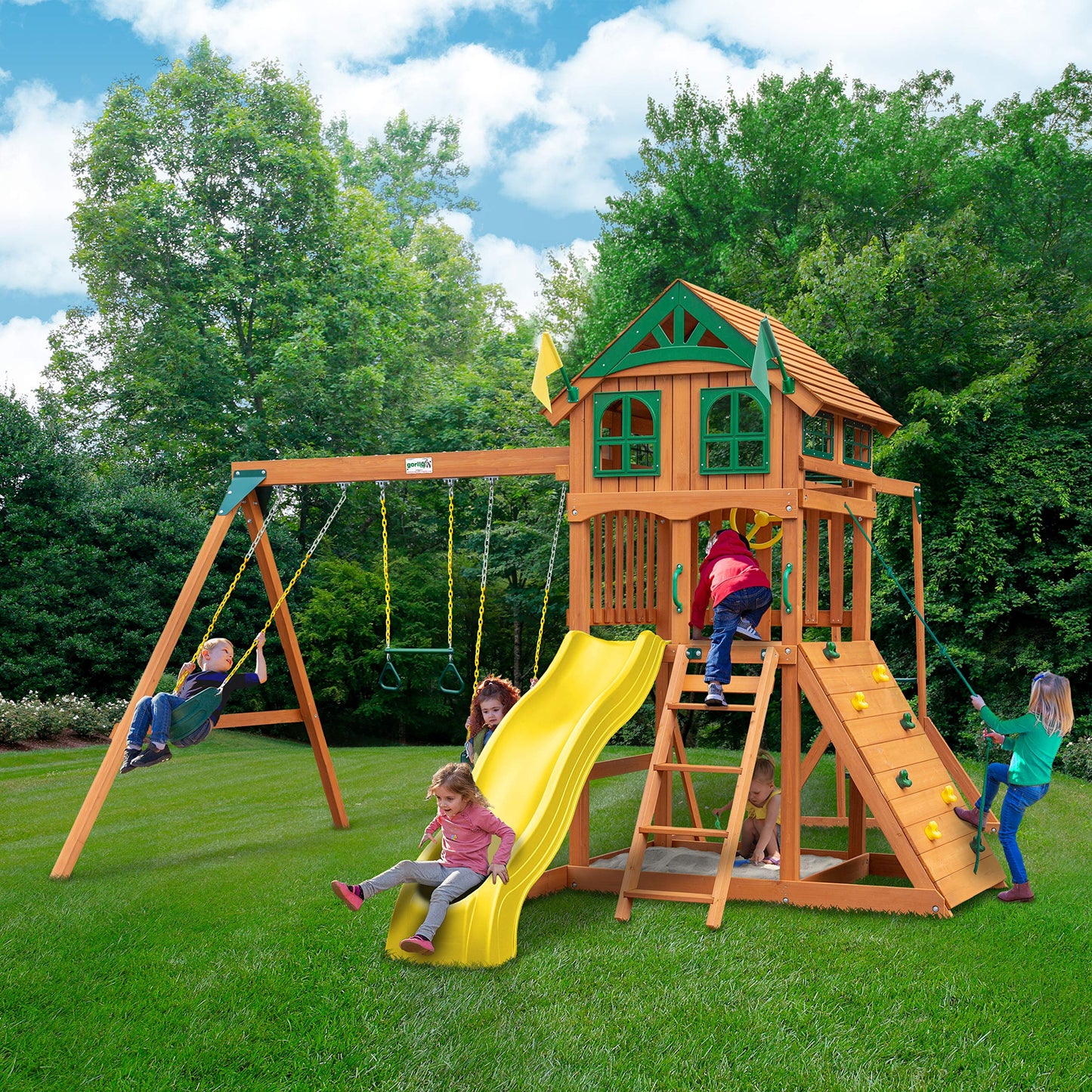 Gorilla Playsets 01-1069-Y Outing Wood Swing Set with Wood Roof and Monkey Bars - Yellow Slide, Amber