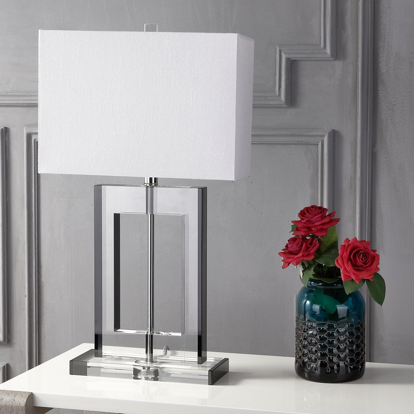 JONATHAN Y 26" Clear and Black Crystal Table Lamp, Modern Geometric Glam Glass Lamp with White Linen Drum Shade for Living Room Bedroom Nightstand, LED Bulb Included JYL2015A