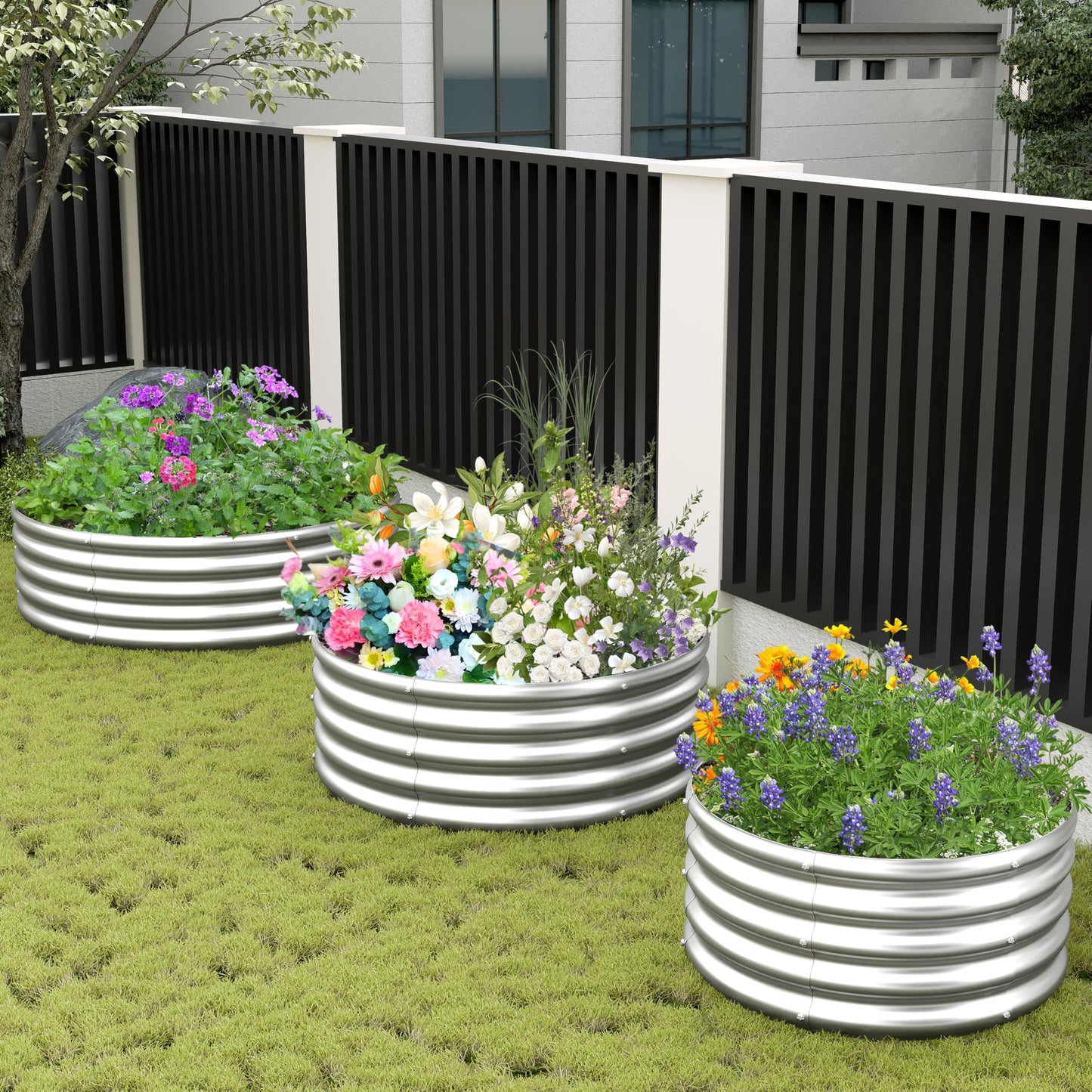 Henshwon 2PCS 3x3x1ft Galvanized Raised Garden Bed Kit-Round Garden Bed Outdoor Planter Box for Vegetables,Flowers,Herbs,Easy Assembly,Silver