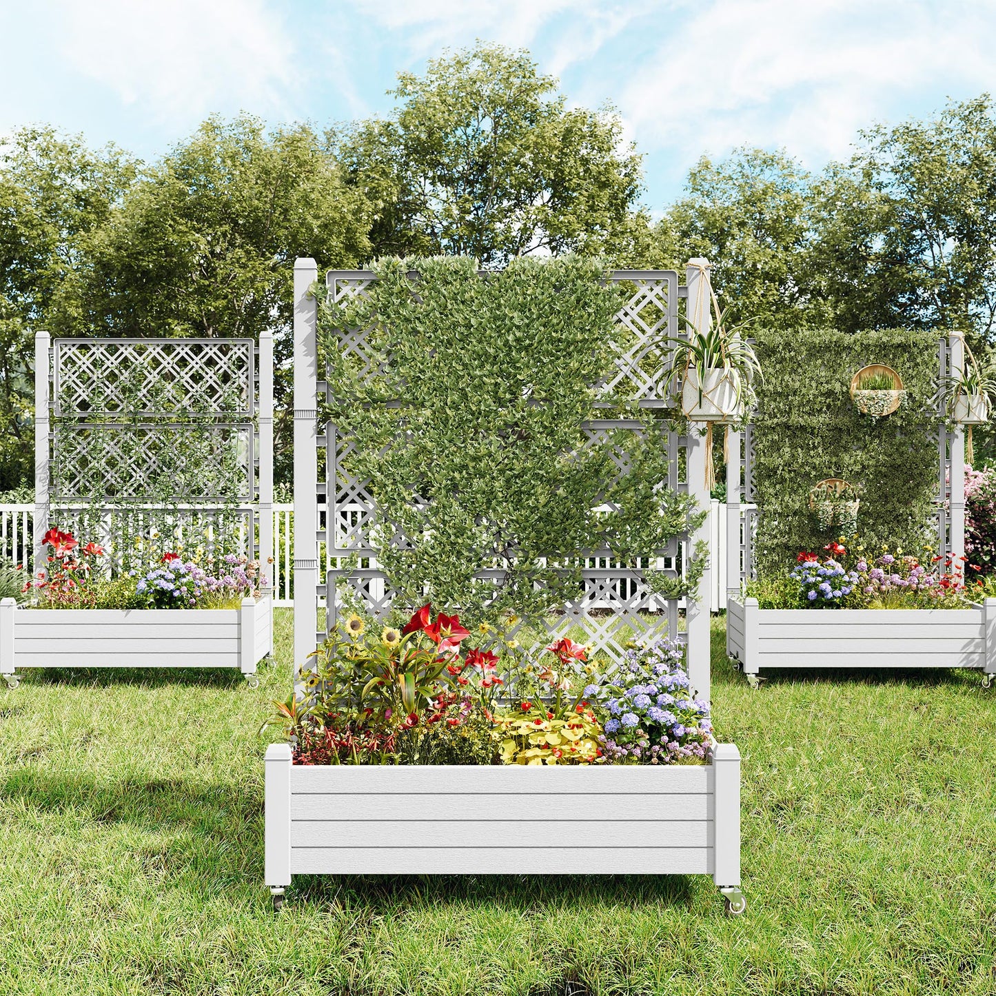 Fancyango Raised Garden Bed with Trellis and Wheels, Resin Planter Box with Trellis with Drainage Holes & Water Monitor, Privacy Planters for Patio for Climbing Plants, Ashen(2 Pack)