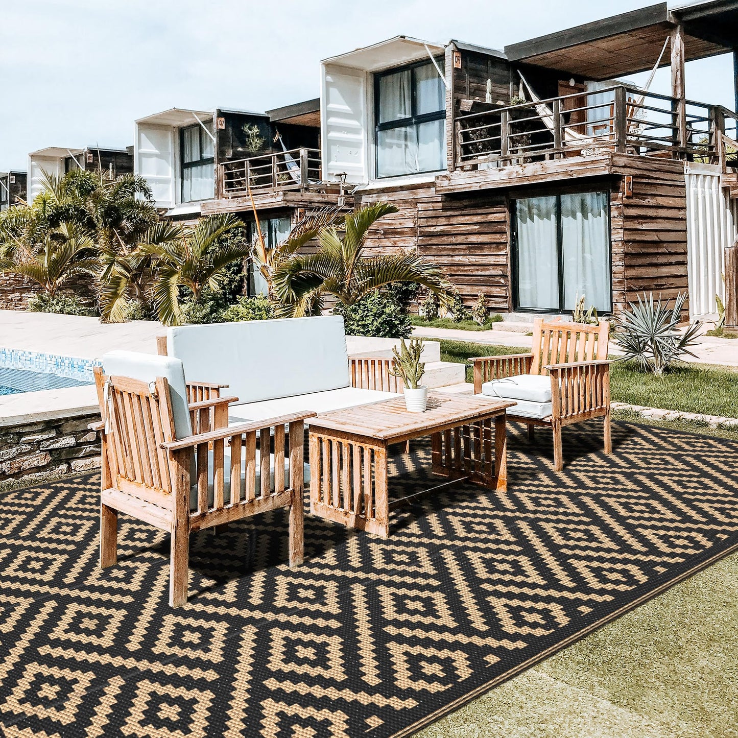 GENIMO Outdoor Rug for Patio Clearance, 8'x16' Waterproof Camping Mat, Reversible Plastic Straw Rugs for RV, Camper, Balcony, Backyard, Picnic, Deck, Black & Brown