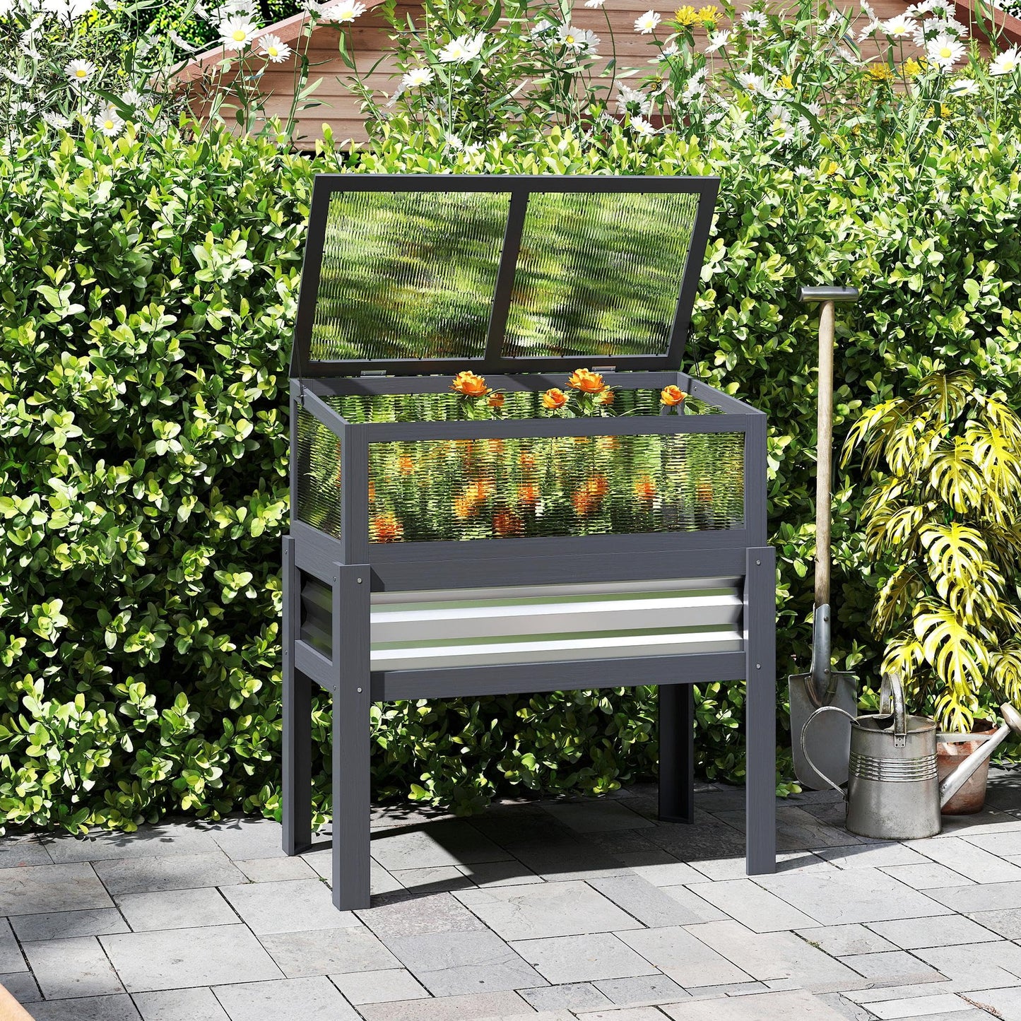 Outsunny Wooden Raised Garden Bed with Flip-Up Greenhouse Top, Raised Garden Bed with Legs and Bed Liner, Elevated Planter Box for Flowers, Vegetables, Herbs, Gray