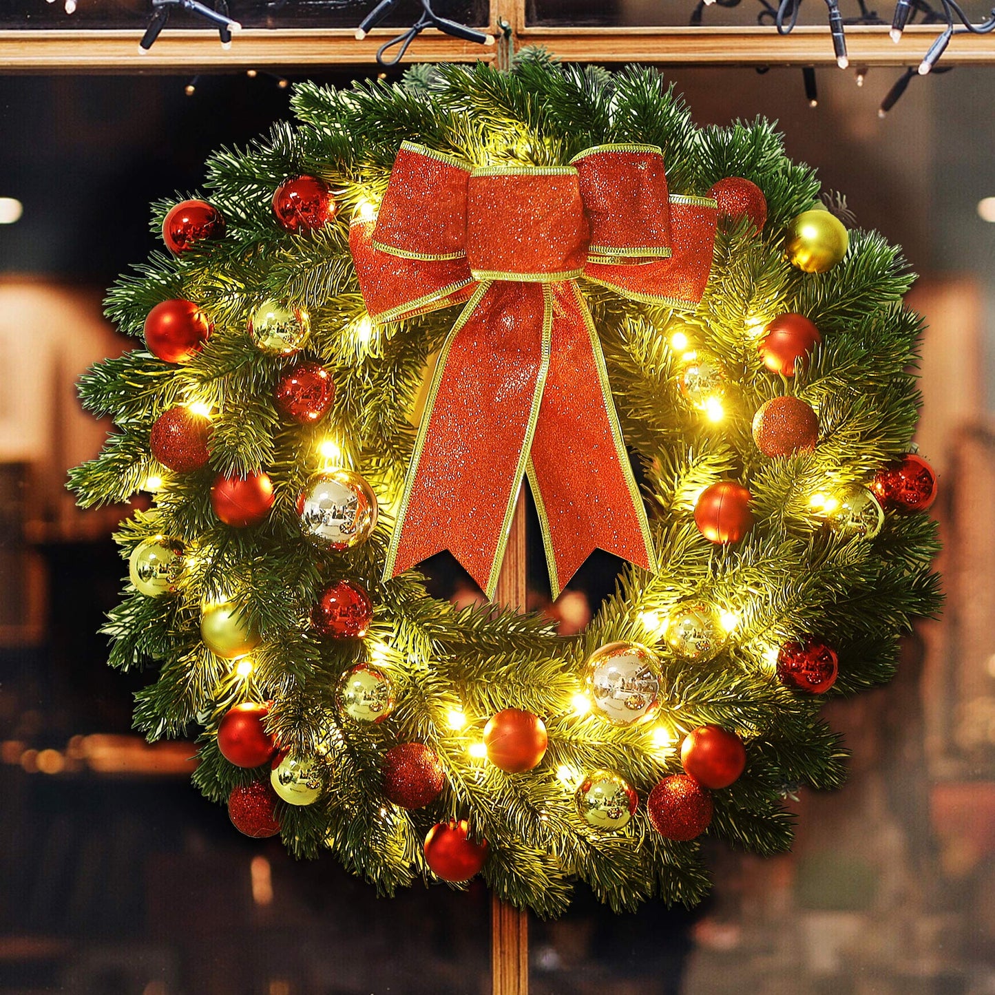 Lulu Home 16 Inch Pre-lit Christmas Wreath with Hook, Battery Operated Christmas Wreath Decorative Christmas Balls Hanging Ornament, Artificial Door Wreath 40 Clear LED Lights