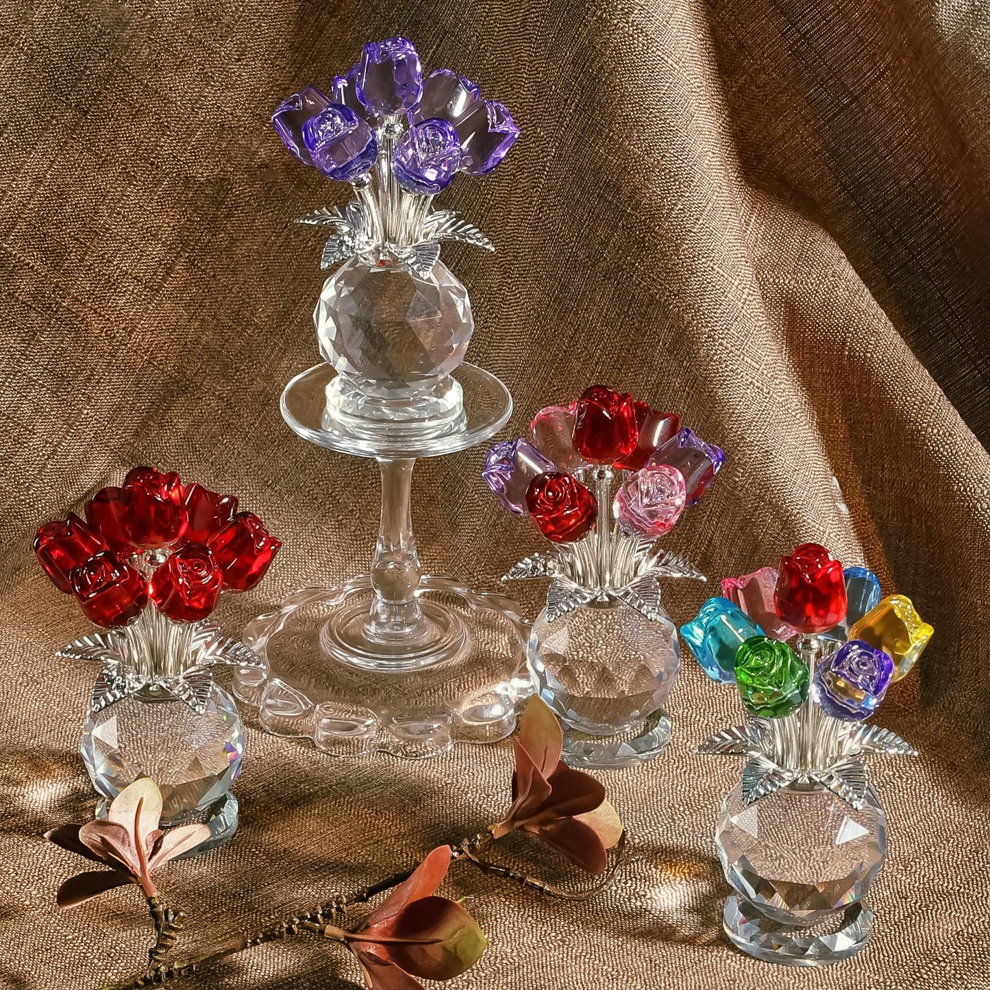 KRISININE Crystal Colorful Rose Flower Collectible Figurine Glass Flowers with Vase Romantic Gifts for Wife Mom Women(2.8 * 4.7in)