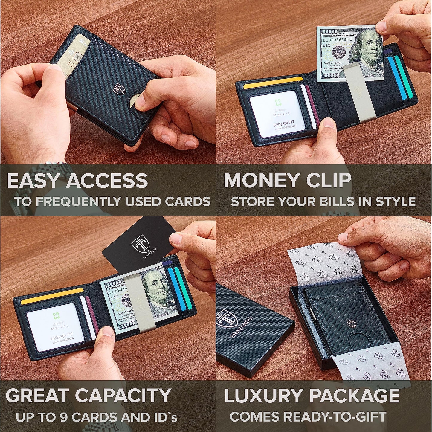 TRAVANDO Slim Wallet with Money Clip Seattle RFID Blocking Wallet - Credit Card Holder - Travel Wallet - Minimalist Mini Wallet Bifold for Men with Gift Box (Carbon)
