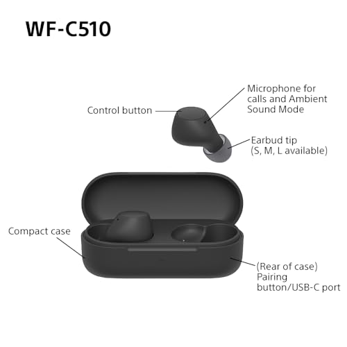 Sony WF-C510 Truly Wireless Earbuds – Small, Light, Bluetooth In Ear Headphones with Multipoint Connection, Ambient Sound, IPX4 Rating, Spotify Tap, Quick Charge, 22 HR Battery, iOS & Android - Black