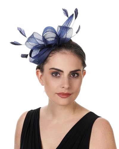 Sinamay Flower Feather Headband Fascinator Wedding Headwear Ladies Race Royal Ascot Pillbox Wedding Cocktail Tea Party Derby Hat for Women（B4-Navy）