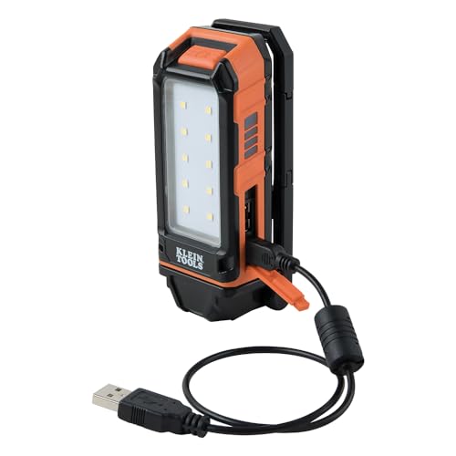 Klein Tools 56403 LED Light, Rechargeable Flashlight/Worklight with Kickstand and Carabiner, Charges Small Electronics, for Work, Camping