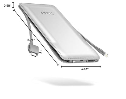 TG90° Portable Charger 10000mah Cell Phone Battery Backup, Ultra Slim Power Bank with Built in Lightning and USB-C Cable, Portable Phone Charger Battery Packs Compatible with iPhone Android Phones
